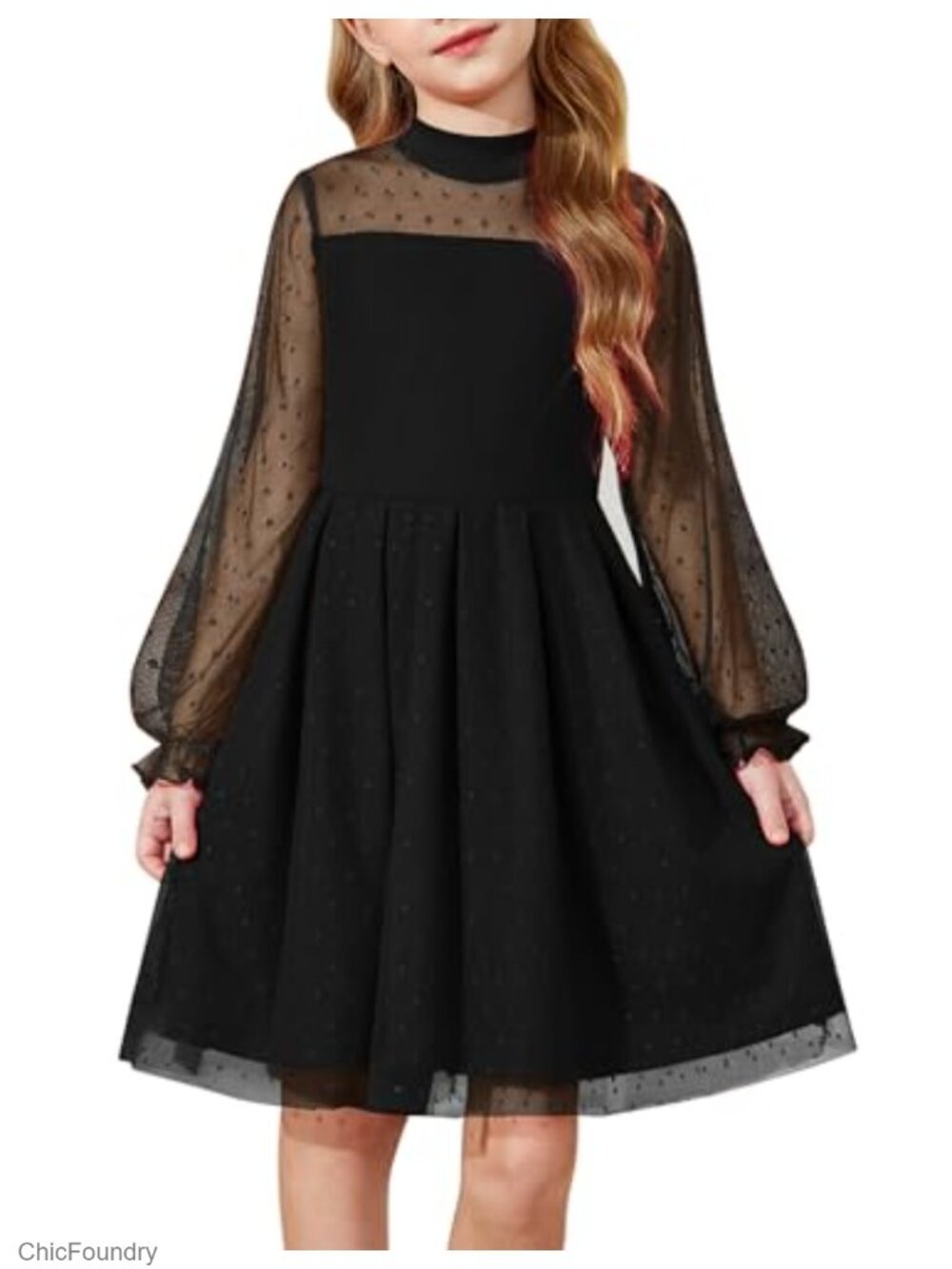 Girls Contrast Mesh Puff Sleeve Mock Neck Formal A-Line Tulle Party Dress - Picture 1 of 6